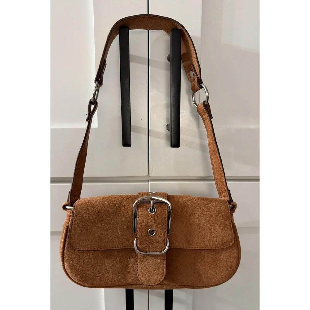 Faux Leather Suede Hobo Cognac Brown Bag Purse Tote Silver Hardware Festival